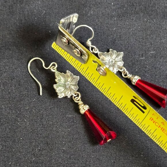 Red Faceted Cone Drop Earrings Silver Tone Floral Dangle Rhinestone Accent - Picture 4 of 6